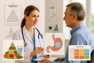 Paciente recibiendo orientación nutricional sobre la dieta balón gástrico antes y después del procedimiento